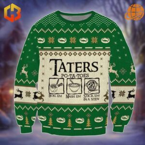 Green Lord of the Rings Taters Potatoes Sweater featuring Samwise’s "taters" quote, surrounded by festive holiday icons and cozy winter patterns.