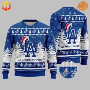 Los Angeles Dodgers Christmas Sweater with festive design featuring team logo, Santa hat, snowflakes, and winter scene on royal blue background.