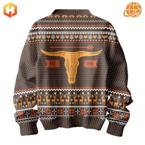 The back design of the Luke Combs Christmas Sweater features festive motifs and warm tones.