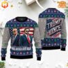 MAGA Trump Vance Ugly Sweater front and back view, featuring political imagery and Christmas patterns on a navy blue background.