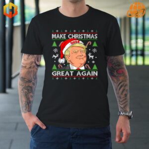 Make Christmas Great Again T-Shirt with festive design and political humor, worn by tattooed model.