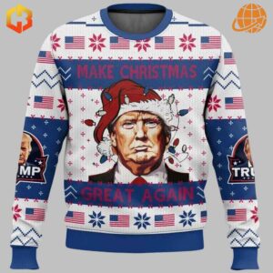 Make Christmas Great Again Sweater with patriotic design, featuring American flags, snowflakes, and a central figure in a Santa hat.