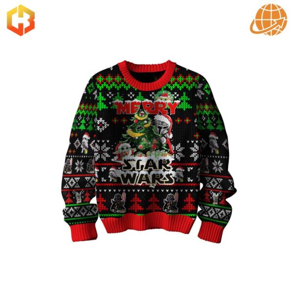 Front view of Merry Star Wars Christmas Sweater with Christmas tree and Star Wars characters.