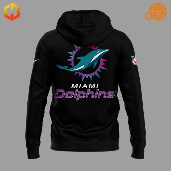ack view of Miami Dolphins Crucial Catch zip-up hoodie showing large team logo and name.