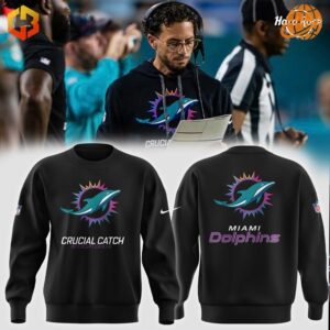 Miami Dolphins Crucial Catch Sweatshirt displayed front and back, with NFL sideline scene showing sweatshirt in use.