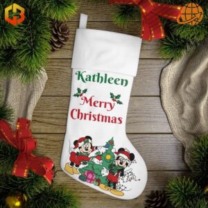 Personalized Disney Christmas stocking with Mickey and Minnie, surrounded by pine cones, branches, and red ribbons on wooden background.