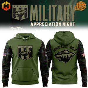 Front and back views of Military Appreciation Minnesota Wild Hoodie with camo sleeves and team logos.