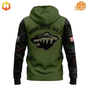 Back view of Military Appreciation Minnesota Wild Hoodie featuring team logo and camo sleeves.