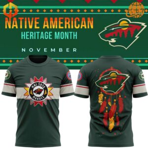 Minnesota Wild Native American Heritage Month Shirt, front and back views. Front shows sunburst logo with team emblem, back features dreamcatcher design incorporating Wild logo and feathers. Green shirt with cream and red sleeve accents.