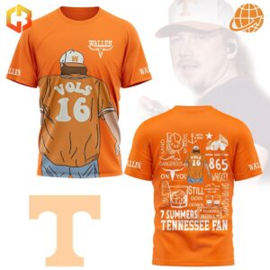 Orange t-shirt with Morgan Wallen and Tennessee Volunteers-inspired design, showing front and back views.