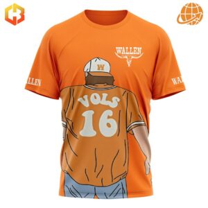 Front view of orange Morgan Wallen Tennessee Fan Shirt with "VOLS 16" jersey design.