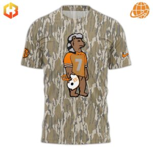 ossy Oak Morgan Wallen Camo Shirt front, showing cartoon mascot and detailed camouflage pattern.