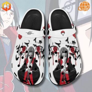 Naruto Shippuden Sharingan Itachi Uchiha Crocs Shoes with vibrant graphics of Itachi and Uchiha symbols.