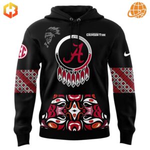 Front view of Native American Heritage Month Alabama Crimson Tide Hoodie with dreamcatcher and tribal designs.