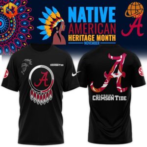 Native American Heritage Month Alabama Crimson Tide Shirt featuring a dreamcatcher design with the Alabama Crimson Tide logo on the front, and a vibrant patterned 'A' logo on the back, displayed against a cultural backdrop of Native American motifs