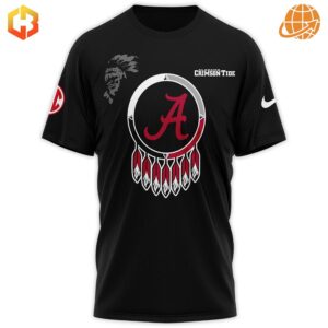 Native American Heritage Month Alabama Crimson Tide Shirt with a bold Alabama logo inside a dreamcatcher motif, surrounded by intricate Native American patterns.