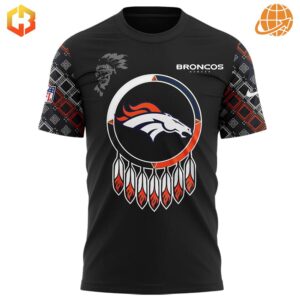 Black shirt with Denver Broncos logo and Native American inspired design.