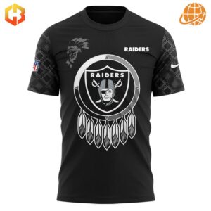 Black shirt with Las Vegas Raiders logo and Native American inspired design.