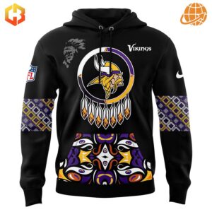 Front view of Winter Warrior Minnesota Vikings Hoodie featuring intricate designs and the Vikings logo.