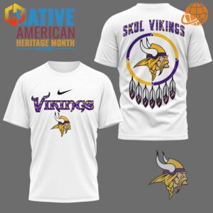 Native American Heritage Month Minnesota Vikings Shirt, displaying patterned Vikings logo on front, large dreamcatcher design with team slogan on back, white fabric.