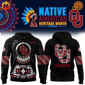 Front and back view of the Native American Heritage Month Oklahoma Sooners Hoodie, showcasing intricate Native American designs and the Oklahoma Sooners logo.