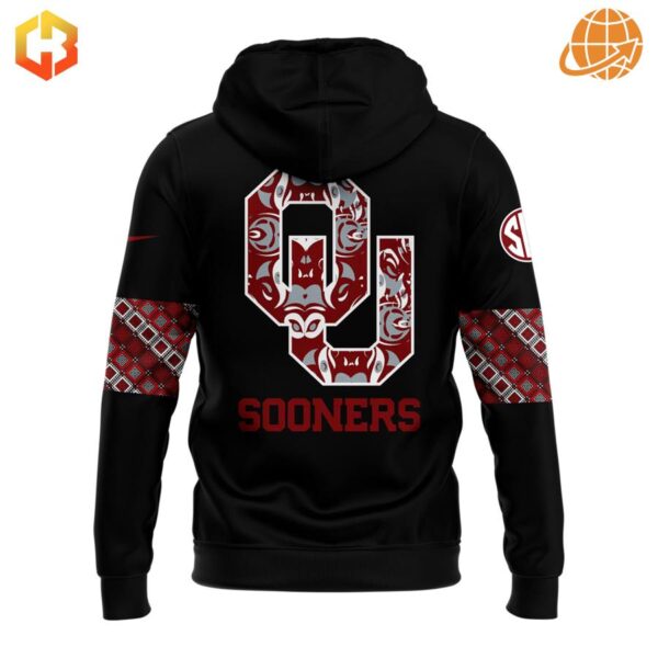 Back view of the Native American Heritage Month Oklahoma Sooners Hoodie, featuring intricate Native American designs and the Oklahoma Sooners logo.