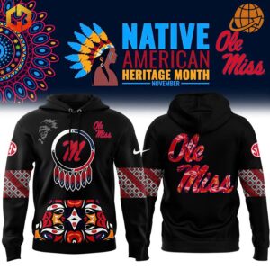 Front and back view of the Native American Heritage Month Ole Miss Rebels Hoodie with colorful graphics and the Ole Miss logo.