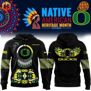 Front and back view of the Native American Heritage Month Oregon Ducks Hoodie with detailed patterns and team logo.