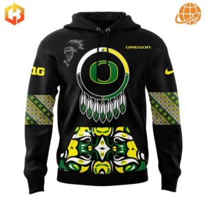 Front view of the Native American Heritage Month Oregon Ducks Hoodie with team logo and vibrant designs.