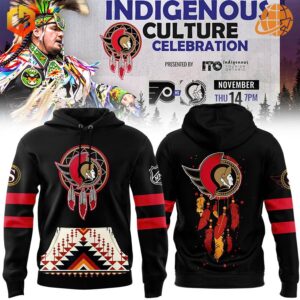 Native American Heritage Month Ottawa Senators Hoodie displayed with Indigenous Culture Celebration event poster, showcasing front and back designs incorporating team logo and Native American elements.