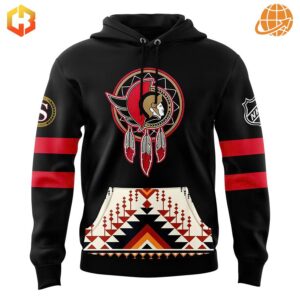 Front view of Native American Heritage Month Ottawa Senators Hoodie, showing dreamcatcher logo design, sleeve stripes, and geometric pattern on lower front.