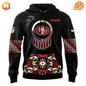 Front view of Native American Heritage Month San Francisco 49ers Hoodie featuring dreamcatcher logo, traditional patterns, and NFL branding on black background.