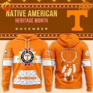 Native American Heritage Month Tennessee Volunteers Hoodie featuring sunburst logo design on front and dreamcatcher-inspired "T" logo on back, in vibrant orange with white accents.