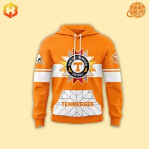 Front view of Native American Heritage Month Tennessee Volunteers Hoodie, displaying sunburst logo, white sleeve stripes, and geometric pattern on vibrant orange background.