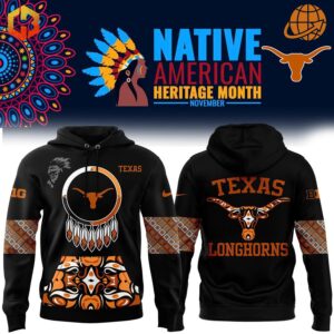 Native American Heritage Month Texas Longhorns Hoodie displayed front and back, featuring intricate tribal patterns and Longhorns logo on black fabric.