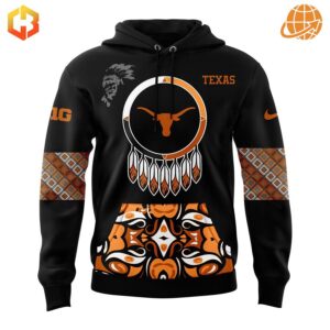 Close-up of Texas Longhorns Hoodie front, showcasing dreamcatcher-inspired design with tribal patterns surrounding Longhorns emblem.