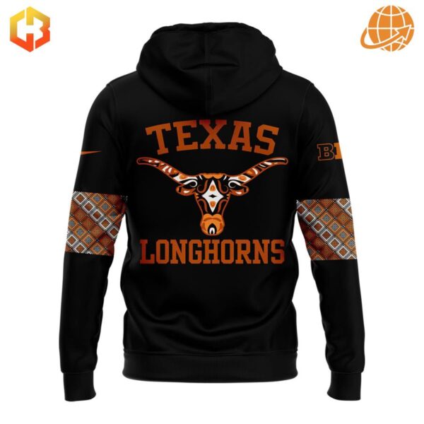 Back of Native American Heritage Month Longhorns Hoodie with large "TEXAS LONGHORNS" text above a decorated longhorn symbol surrounded by tribal patterns.
