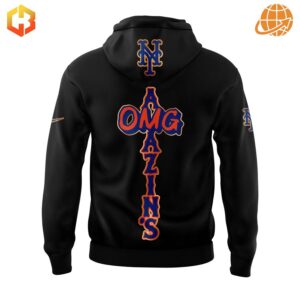 Back of black New York Mets hoodie with vertical 