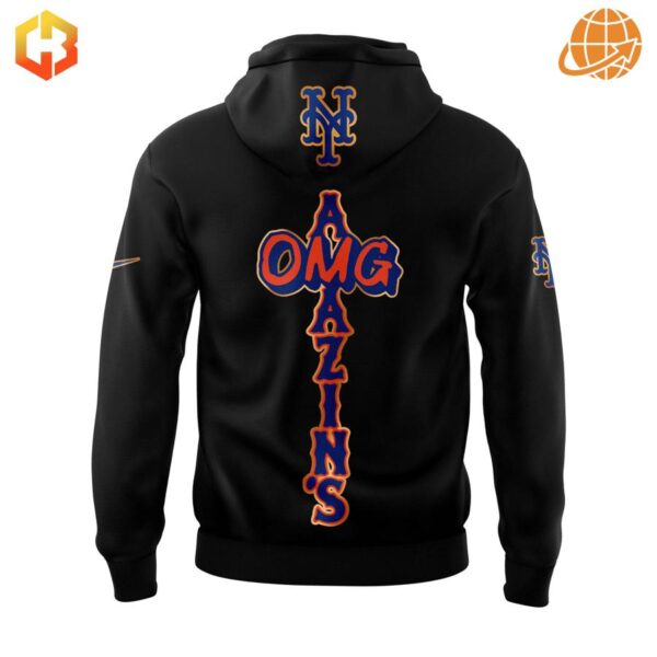 Back of black New York Mets hoodie with vertical "AMAZINS OMG" design in blue and orange