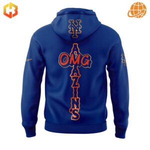 Back of blue New York Mets hoodie with orange 