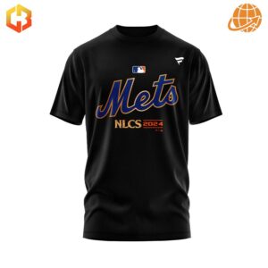 A black t-shirt with "NLCS 2024" and "OMG" in bold orange and white, commemorating the New York Mets' playoff run.