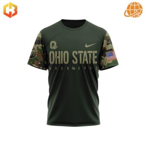 Scarlet shirt with Ohio State Buckeyes logo and patriotic design honoring veterans.