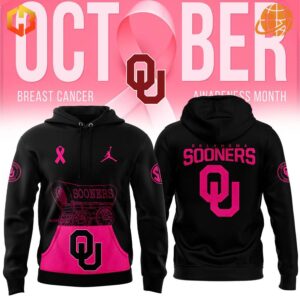 Oklahoma Sooners Breast Cancer Awareness Hoodie in black with pink accents, showing front and back designs for October awareness month.