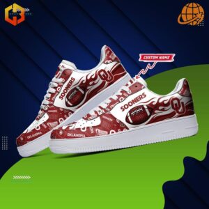 Oklahoma Sooners NCAA Nike Air Force Shoes with red and white design featuring team logos, footballs, and flame patterns on a classic Air Force 1 silhouette.