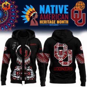 Oklahoma Sooners Native American Heritage Month Hoodie in black with tribal designs, featuring OU logo on front and back.