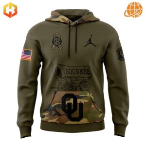 Front view of Oklahoma Sooners Salute to Service Hoodie showing camouflage accents and team logos.