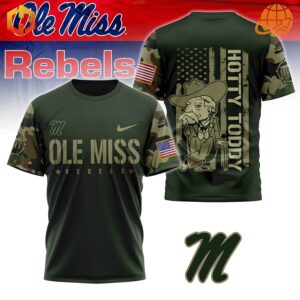 shirt with Ole Miss Rebels logo and patriotic design honoring veterans.