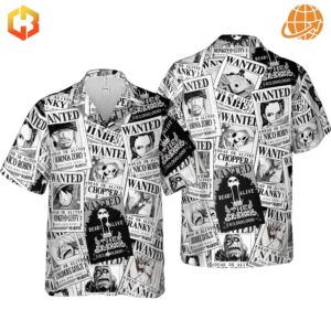 Front and back view of One Piece Characters Wanted Hawaiian Shirt with all-over print of anime wanted posters.