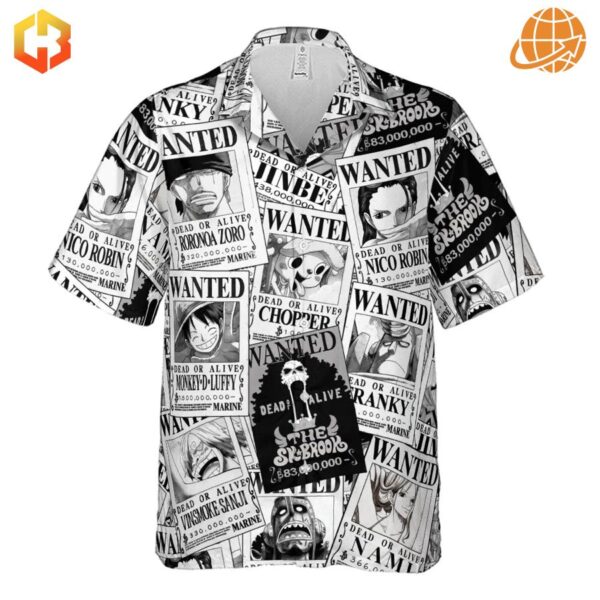 Back view of One Piece Characters Wanted Hawaiian Shirt laid flat, showing full all-over print of anime wanted posters.