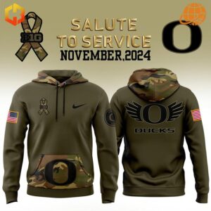 Oregon Ducks Salute to Service Camo Hoodie front and back view, featuring camouflage accents and military-inspired design elements.